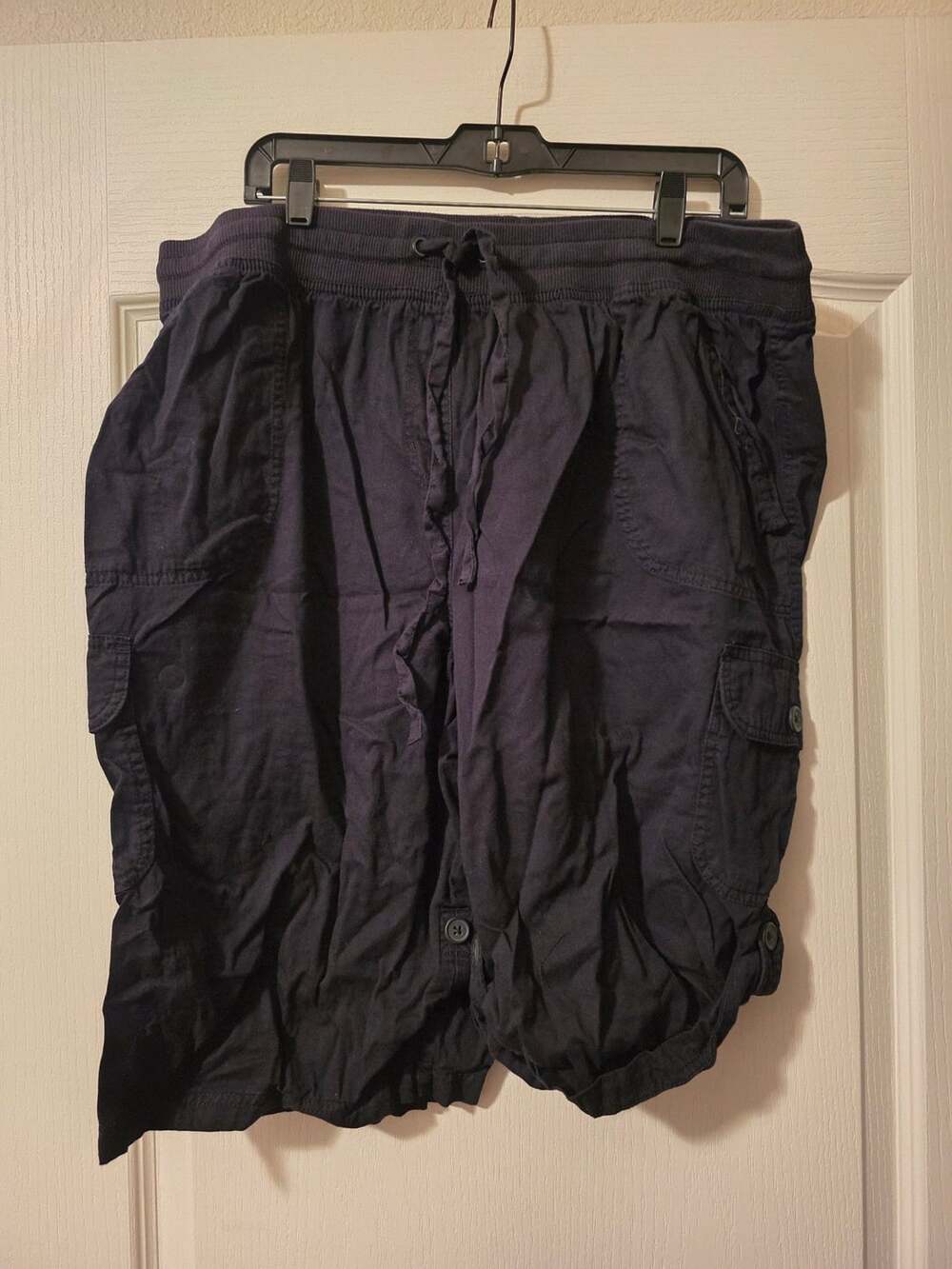 Woman Within Cargo Shorts Size 22W Black Drawstring Pocket Roll Tab Hem